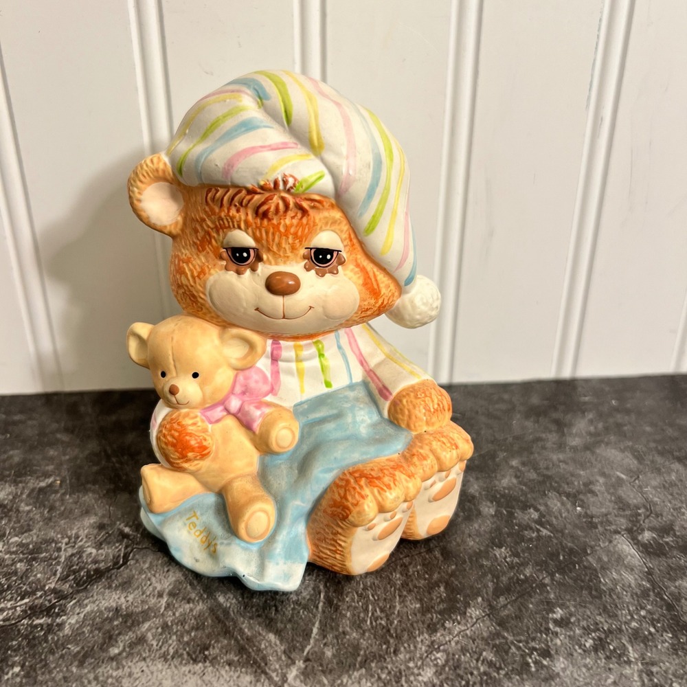 Vintage Enesco 1980s Teddy Bear Ceramic Coin Piggy Bank | Nursery